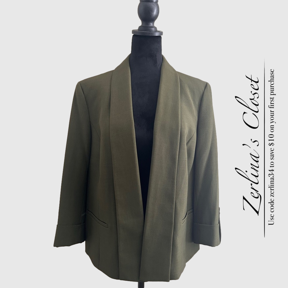 Evan Picone Black Label Open Front Blazer Jacket Olive Green 14